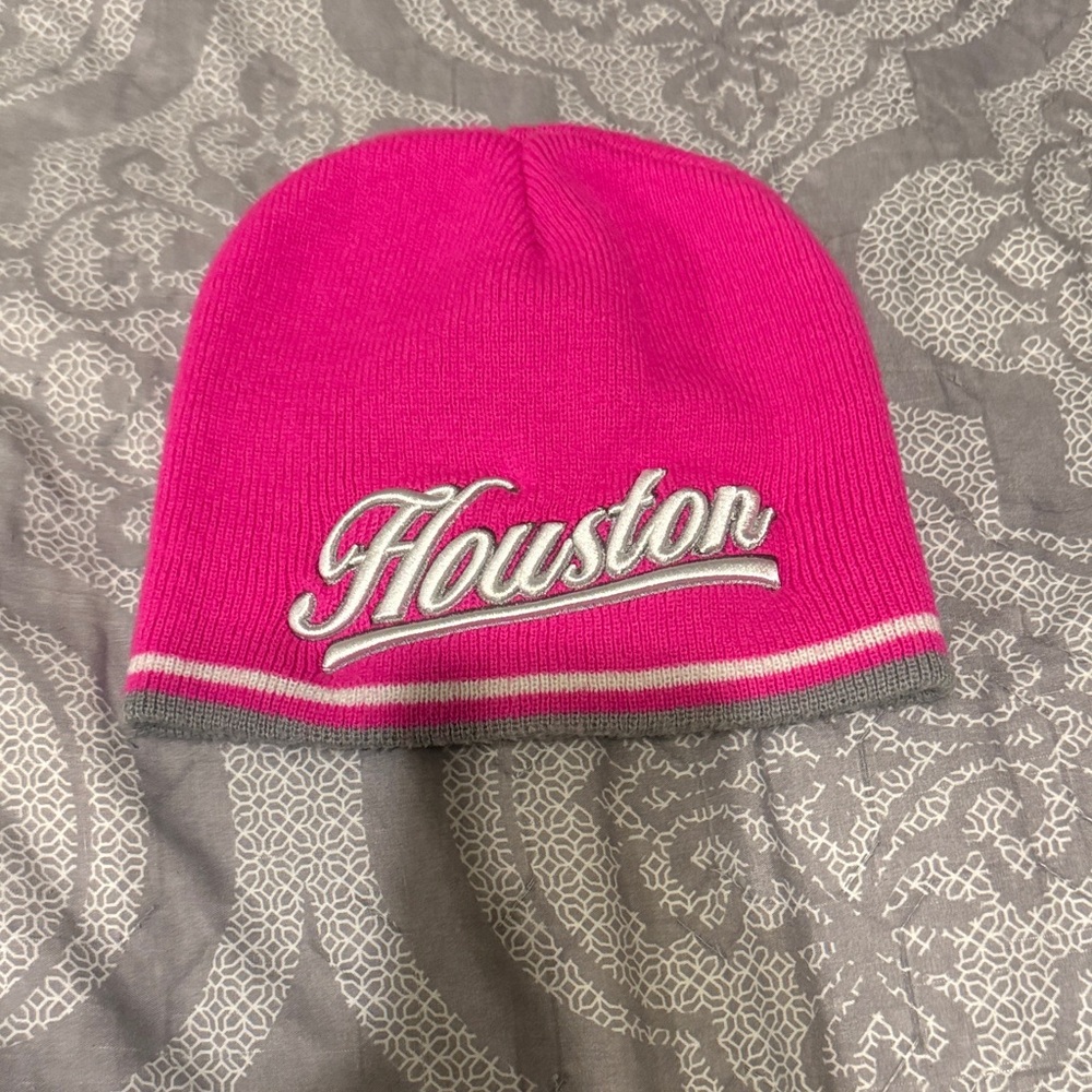 Houston Script Knit Beanie - Hot Pink with Gray & White Trim
